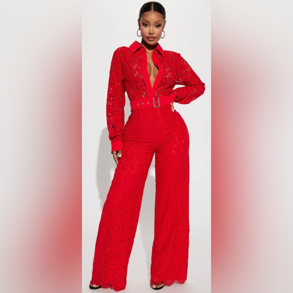 Fashion Nova Perfect Night Lace Jumpsuit - Red
